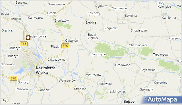 mapa Zagórzyce gmina Kazimierza Wielka, Zagórzyce gmina Kazimierza Wielka na mapie Targeo