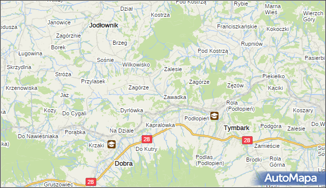 mapa Zawadka gmina Tymbark, Zawadka gmina Tymbark na mapie Targeo