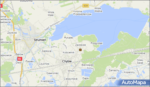 mapa Zarzecze gmina Chybie, Zarzecze gmina Chybie na mapie Targeo