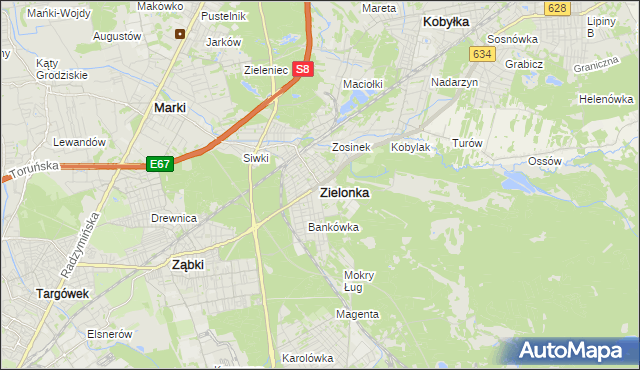 mapa Zielonka powiat wołomiński, Zielonka powiat wołomiński na mapie Targeo