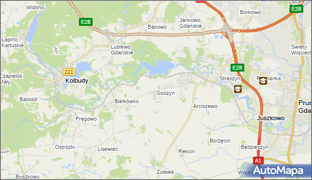 mapa Goszyn gmina Pruszcz Gdański, Goszyn gmina Pruszcz Gdański na mapie Targeo