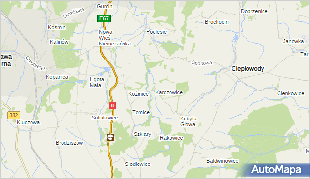 mapa Karczowice gmina Ciepłowody, Karczowice gmina Ciepłowody na mapie Targeo