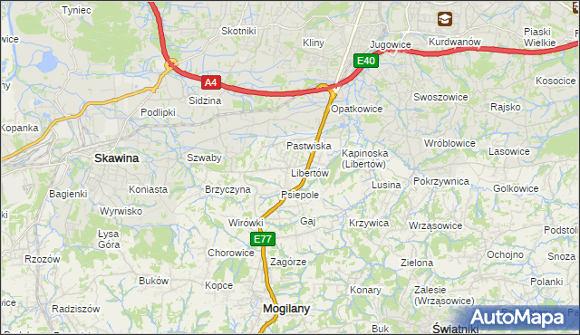 mapa Libertów gmina Mogilany, Libertów gmina Mogilany na mapie Targeo