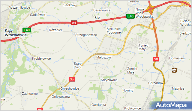 mapa Małuszów gmina Kobierzyce, Małuszów gmina Kobierzyce na mapie Targeo