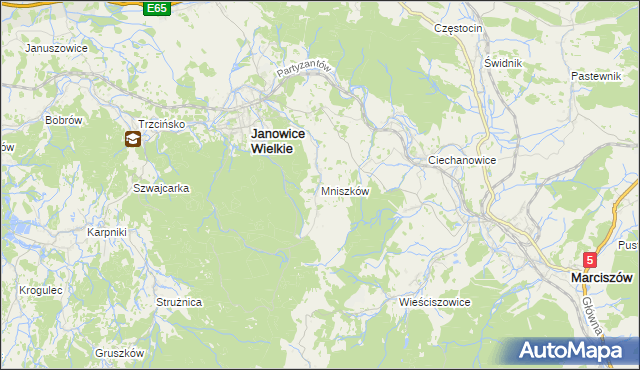 mapa Mniszków gmina Janowice Wielkie, Mniszków gmina Janowice Wielkie na mapie Targeo