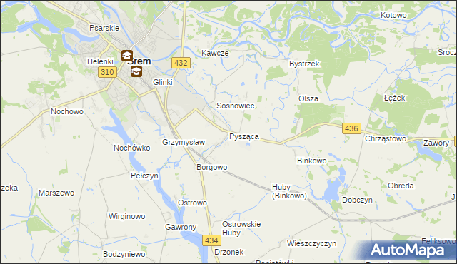 mapa Pysząca gmina Śrem, Pysząca gmina Śrem na mapie Targeo