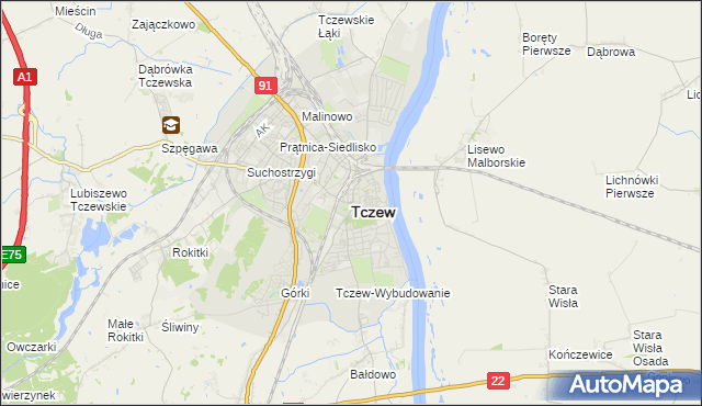 mapa Tczew, Tczew na mapie Targeo