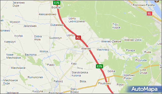 mapa Wieniec gmina Brześć Kujawski, Wieniec gmina Brześć Kujawski na mapie Targeo