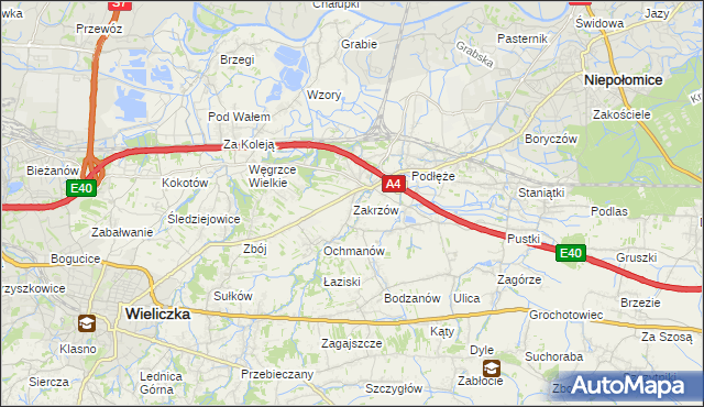 mapa Zakrzów gmina Niepołomice, Zakrzów gmina Niepołomice na mapie Targeo