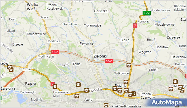 mapa Zielonki powiat krakowski, Zielonki powiat krakowski na mapie Targeo