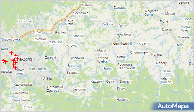 mapa Poręba Wielka gmina Niedźwiedź, Poręba Wielka gmina Niedźwiedź na mapie Targeo