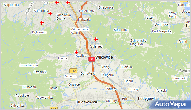 mapa Wilkowice powiat bielski, Wilkowice powiat bielski na mapie Targeo