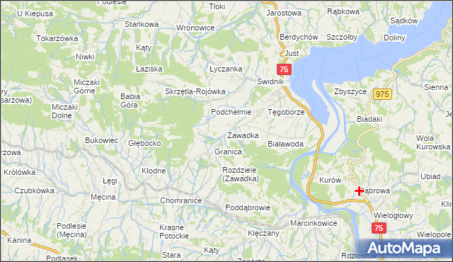 mapa Zawadka gmina Łososina Dolna, Zawadka gmina Łososina Dolna na mapie Targeo