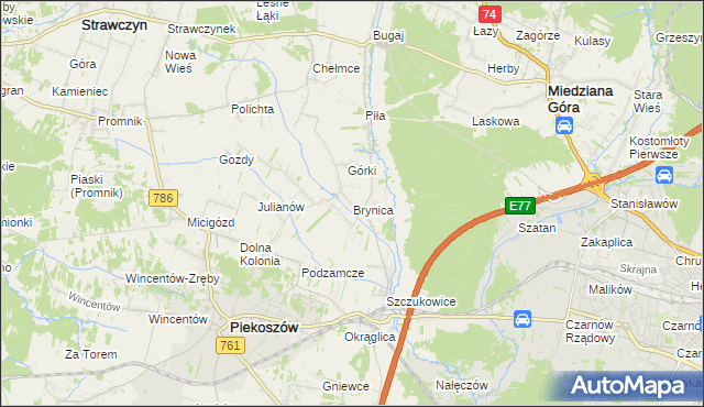 mapa Brynica gmina Piekoszów, Brynica gmina Piekoszów na mapie Targeo