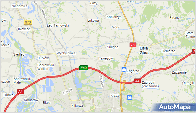 mapa Pawęzów gmina Lisia Góra, Pawęzów gmina Lisia Góra na mapie Targeo