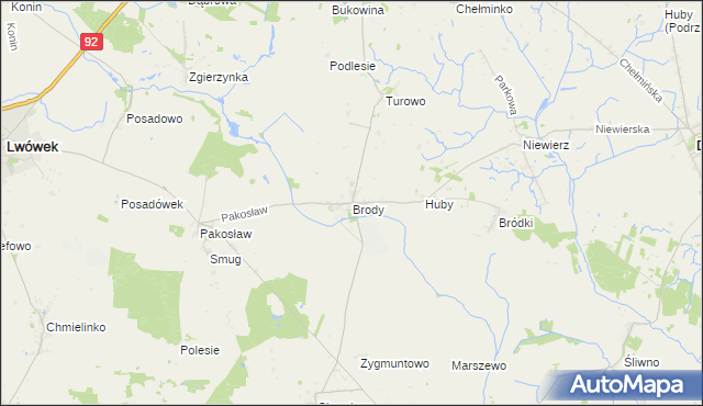 mapa Brody gmina Lwówek, Brody gmina Lwówek na mapie Targeo