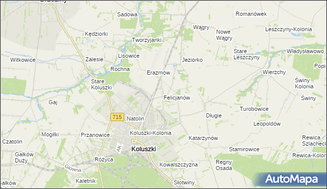 mapa Felicjanów gmina Koluszki, Felicjanów gmina Koluszki na mapie Targeo