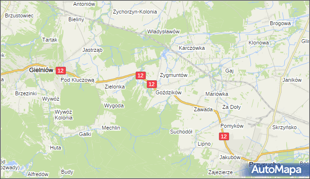 mapa Goździków gmina Gielniów, Goździków gmina Gielniów na mapie Targeo