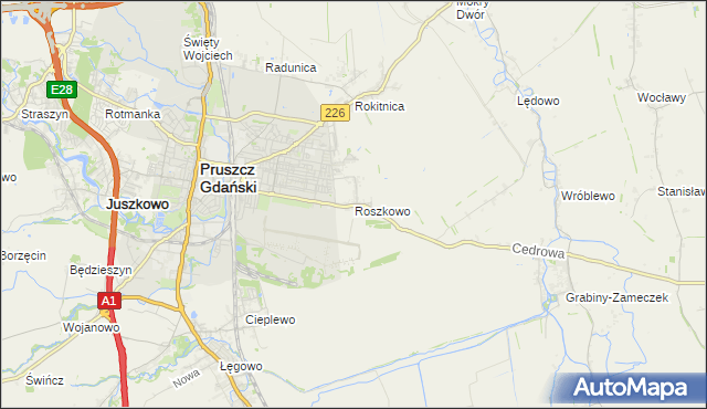 mapa Roszkowo gmina Pruszcz Gdański, Roszkowo gmina Pruszcz Gdański na mapie Targeo