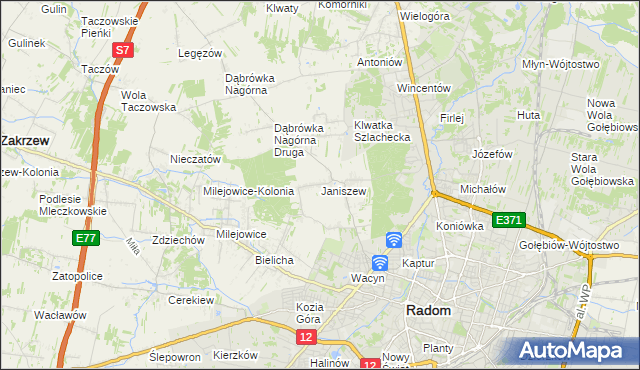 mapa Janiszew gmina Zakrzew, Janiszew gmina Zakrzew na mapie Targeo