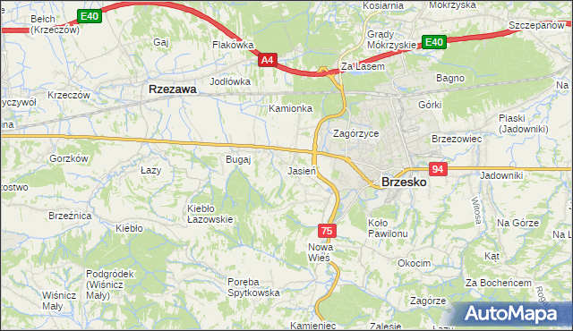 mapa Jasień gmina Brzesko, Jasień gmina Brzesko na mapie Targeo