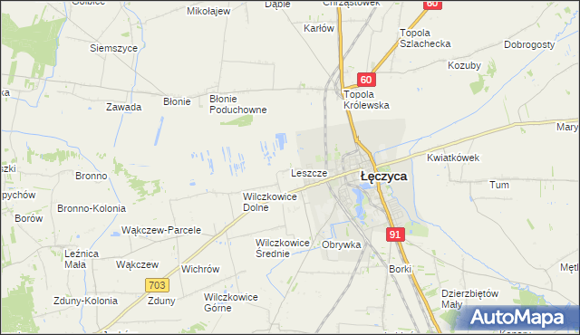 mapa Leszcze gmina Łęczyca, Leszcze gmina Łęczyca na mapie Targeo