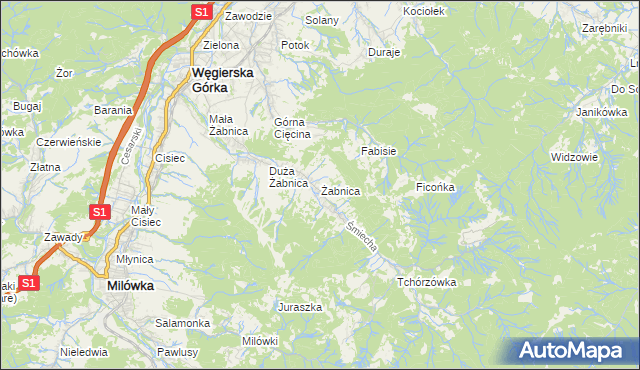mapa Żabnica gmina Węgierska Górka, Żabnica gmina Węgierska Górka na mapie Targeo