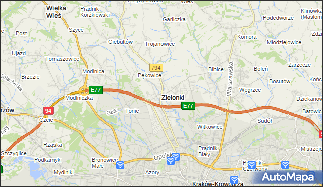 mapa Zielonki powiat krakowski, Zielonki powiat krakowski na mapie Targeo