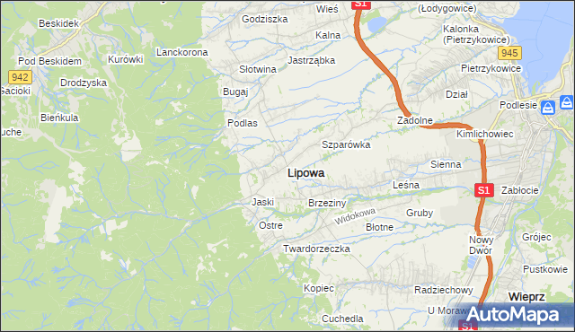 mapa Lipowa powiat żywiecki, Lipowa powiat żywiecki na mapie Targeo