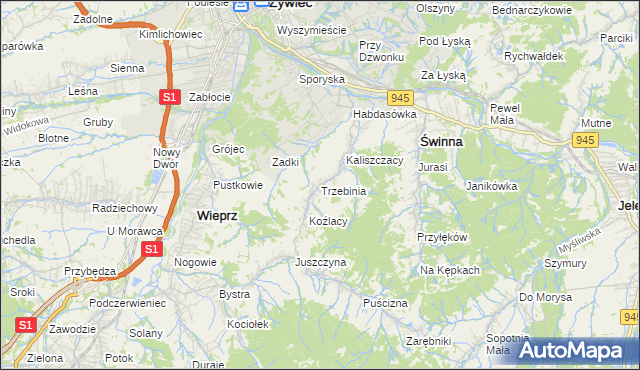 mapa Trzebinia gmina Świnna, Trzebinia gmina Świnna na mapie Targeo