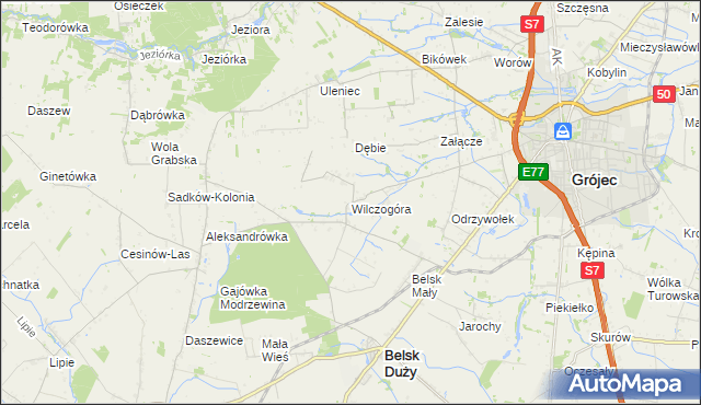 mapa Wilczogóra gmina Belsk Duży, Wilczogóra gmina Belsk Duży na mapie Targeo