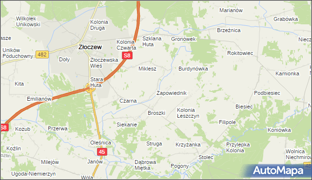 mapa Zapowiednik gmina Złoczew, Zapowiednik gmina Złoczew na mapie Targeo
