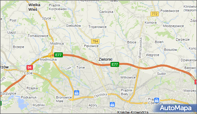 mapa Zielonki powiat krakowski, Zielonki powiat krakowski na mapie Targeo