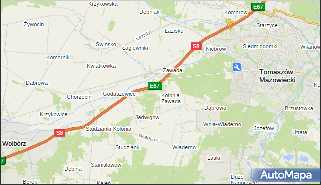 mapa Kolonia Zawada gmina Tomaszów Mazowiecki, Kolonia Zawada gmina Tomaszów Mazowiecki na mapie Targeo