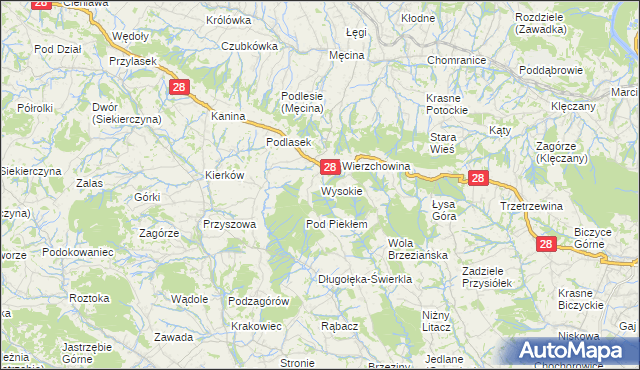 mapa Wysokie gmina Limanowa, Wysokie gmina Limanowa na mapie Targeo