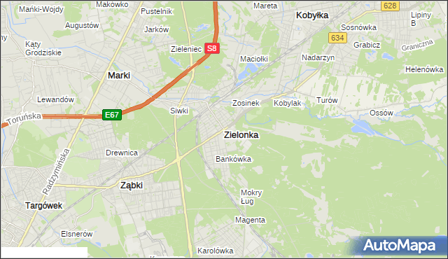 mapa Zielonka powiat wołomiński, Zielonka powiat wołomiński na mapie Targeo