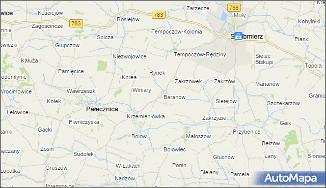 mapa Baranów gmina Skalbmierz, Baranów gmina Skalbmierz na mapie Targeo