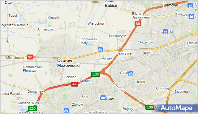 mapa Bronisze gmina Ożarów Mazowiecki, Bronisze gmina Ożarów Mazowiecki na mapie Targeo