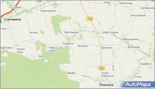 mapa Brzozów gmina Rzeczyca, Brzozów gmina Rzeczyca na mapie Targeo