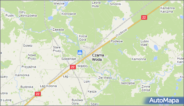 mapa Czarna Woda powiat starogardzki, Czarna Woda powiat starogardzki na mapie Targeo