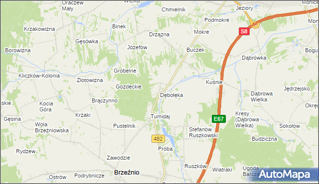 mapa Dębołęka gmina Brzeźnio, Dębołęka gmina Brzeźnio na mapie Targeo