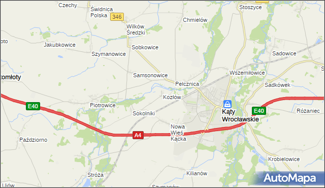 mapa Kozłów gmina Kąty Wrocławskie, Kozłów gmina Kąty Wrocławskie na mapie Targeo