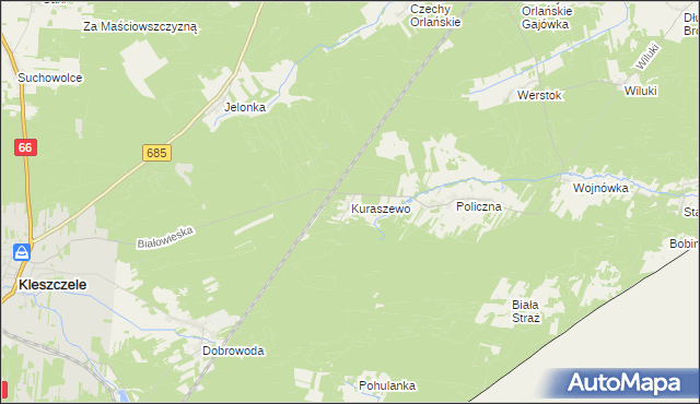 mapa Kuraszewo gmina Kleszczele, Kuraszewo gmina Kleszczele na mapie Targeo