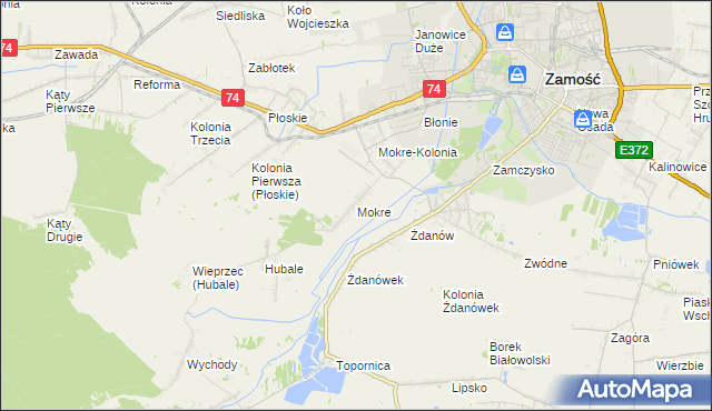 mapa Mokre gmina Zamość, Mokre gmina Zamość na mapie Targeo