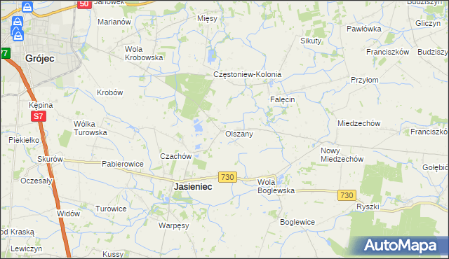 mapa Olszany gmina Jasieniec, Olszany gmina Jasieniec na mapie Targeo