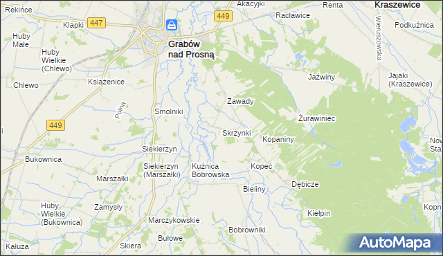 mapa Skrzynki gmina Grabów nad Prosną, Skrzynki gmina Grabów nad Prosną na mapie Targeo