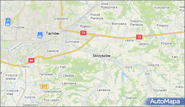 mapa Skrzyszów powiat tarnowski, Skrzyszów powiat tarnowski na mapie Targeo