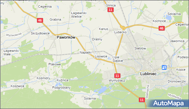 mapa Lisowice gmina Pawonków, Lisowice gmina Pawonków na mapie Targeo