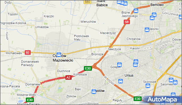 mapa Bronisze gmina Ożarów Mazowiecki, Bronisze gmina Ożarów Mazowiecki na mapie Targeo