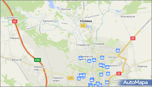 mapa Chwalęcice gmina Kłodawa, Chwalęcice gmina Kłodawa na mapie Targeo